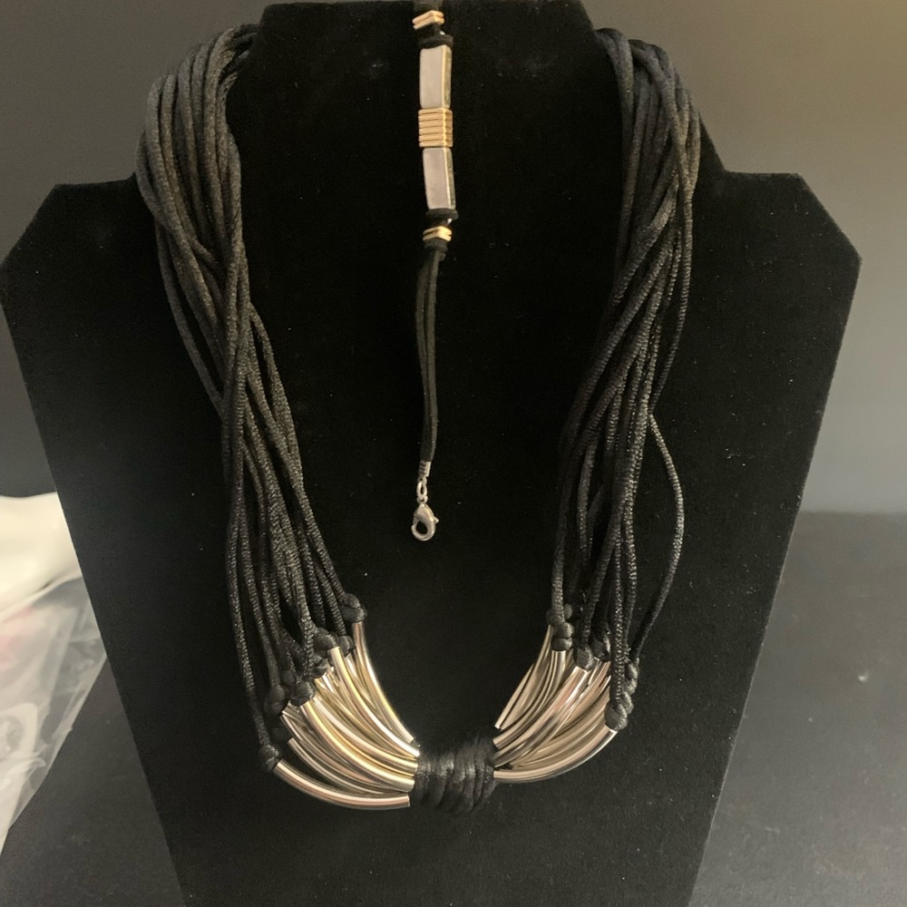 J#7 Classy Silver Necklace with Satin Cords and Silver/Gold Black Bracelet.